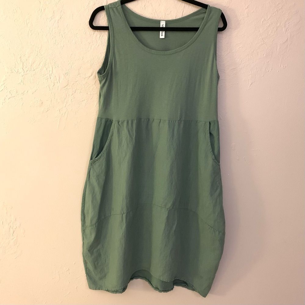 MISS THINK Linen Lagenlook Tulip Dress S Green